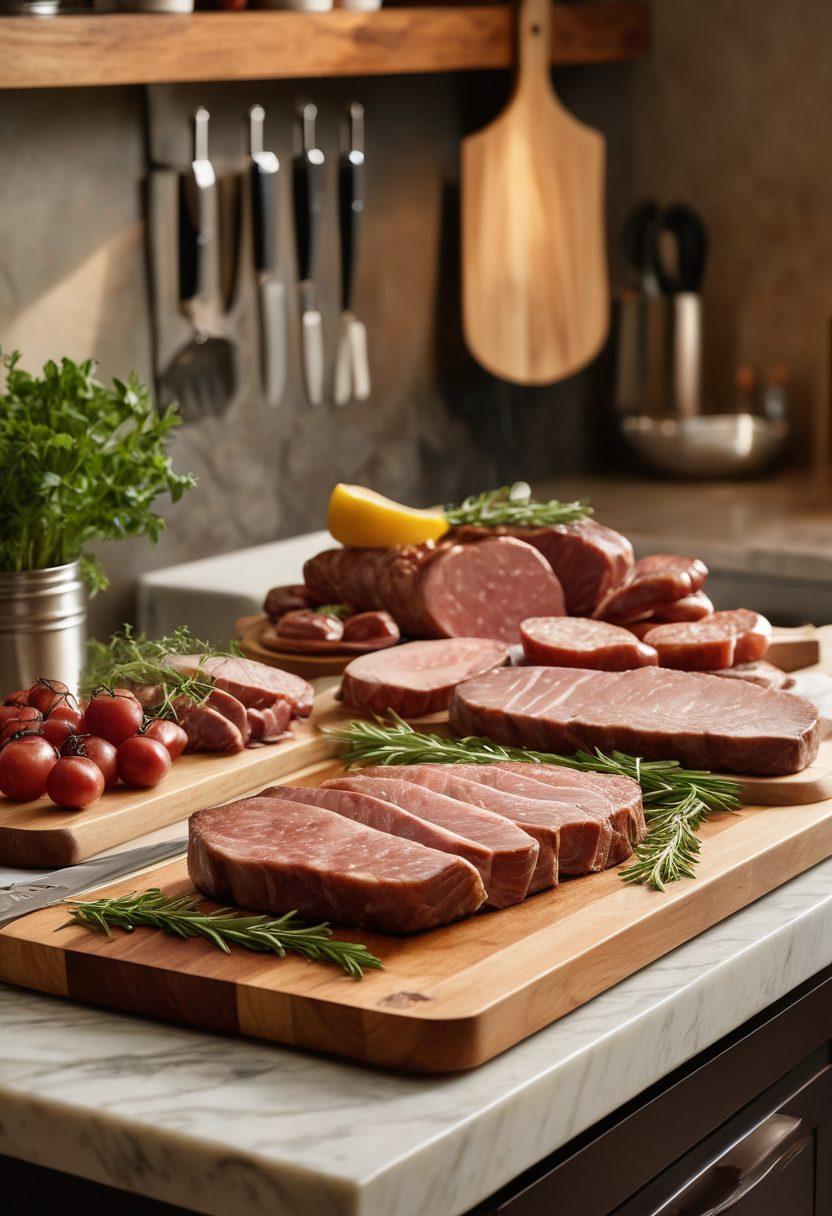 A beautifully arranged wooden butcher block featuring a variety of premium meats, including marbled steaks, artisanal sausages, and fresh herbs. Include a sharp chef's knife and an apron with a butcher's logo in the background, set in a warm, inviting kitchen environment. Soft, diffused lighting highlighting the textures of the cuts. super-realistic. vibrant colors. warm tones.