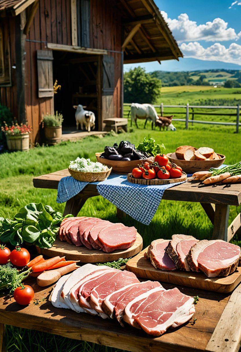 A rustic wooden table laden with an array of premium meats, fresh vegetables, and herbs, with a backdrop of a lush green farm under a bright blue sky. The focus is on freshness and sustainability, with farm animals grazing peacefully nearby, emphasizing a connection to nature. Warm sunlight casts a golden glow over the scene, highlighting the textures and colors of the produce. The atmosphere feels organic and inviting, encouraging the viewer to appreciate quality ingredients. vibrant colors. super-realistic.