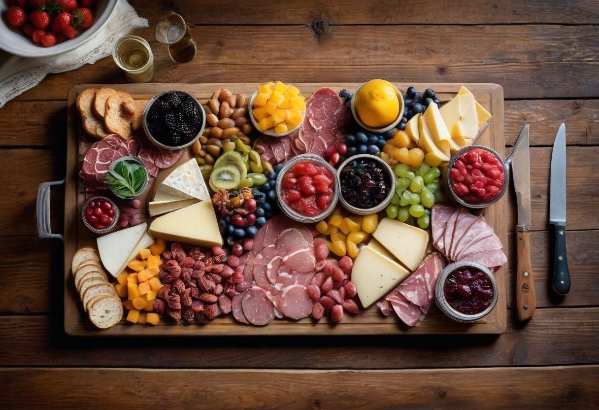 A beautifully arranged charcuterie board featuring artisan cuts of meats, artisanal cheeses, fresh fruits, and homemade preserves, elegantly displayed on a rustic wooden table. Surroundings should include soft natural lighting and culinary tools like knives and cutting boards, creating a cozy kitchen atmosphere. Enhance the image with vibrant colors and a focus on texture to make the food pop, inviting viewers to savor the experience. super-realistic. warm tones. detailed textures.